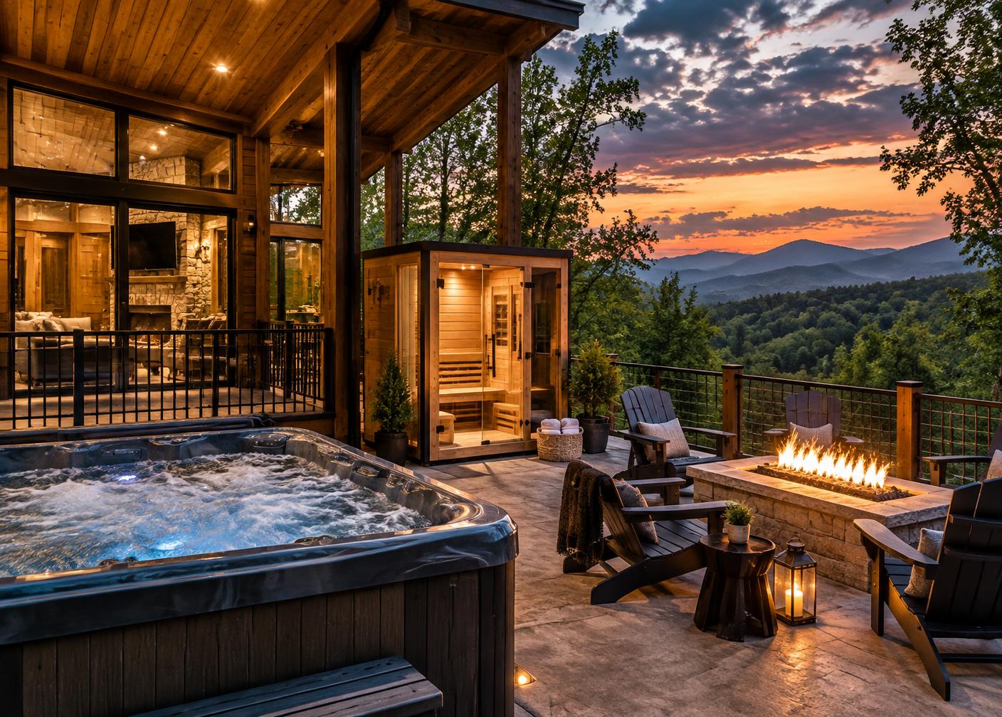 Private hot tub, cedar sauna, and fire terrace overlooking the Smoky Mountains