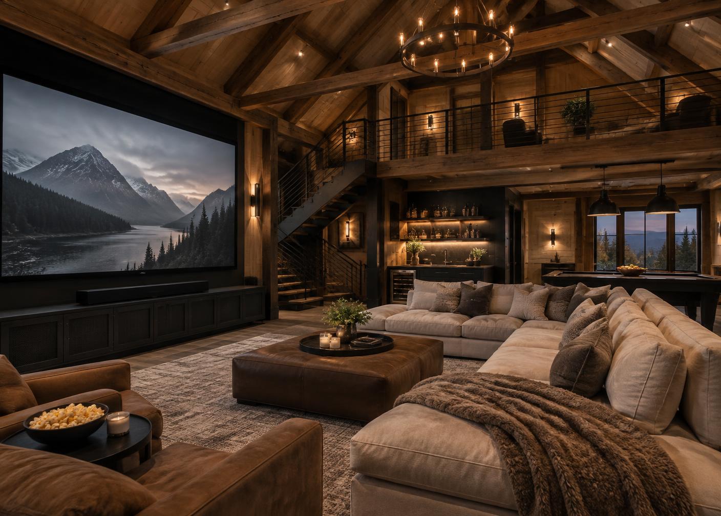 Rustic modern theater lounge with exposed wood beams