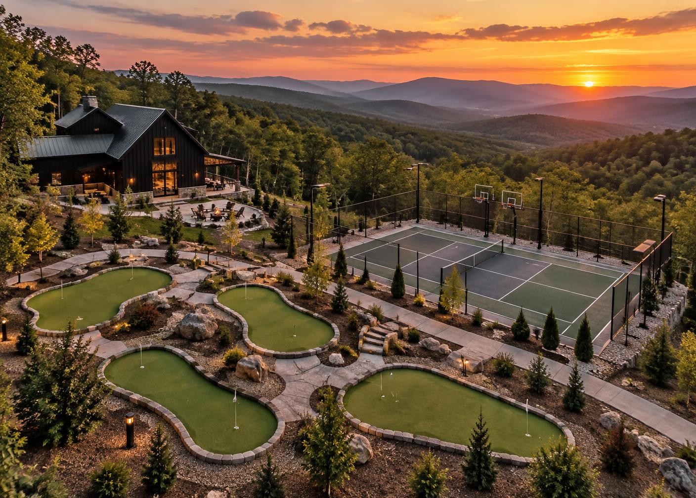 Private mini golf course and sport court at sunset